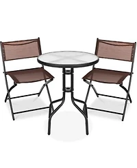 Best Choice Products 3 Piece Patio Bistro Dining Furniture Set W Round Textured Glass Tabletop Folding Chairs