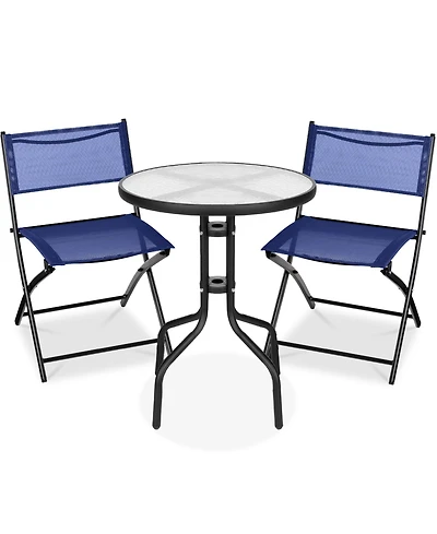 Best Choice Products 3-Piece Patio Bistro Dining Furniture Set w/ Round Textured Glass Tabletop, Folding Chairs