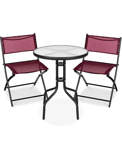 Best Choice Products 3-Piece Patio Bistro Dining Furniture Set w/ Round Textured Glass Tabletop, Folding Chairs