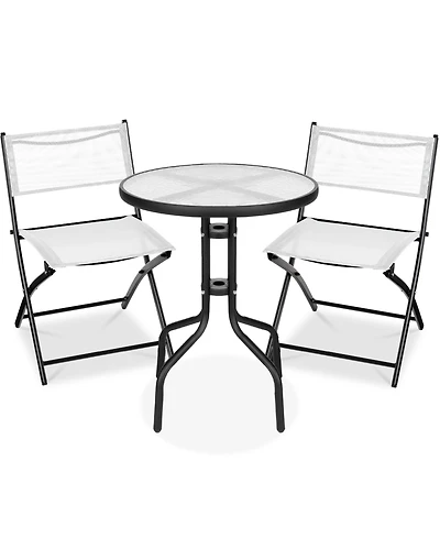 Best Choice Products 3-Piece Patio Bistro Dining Furniture Set w/ Round Textured Glass Tabletop, Folding Chairs