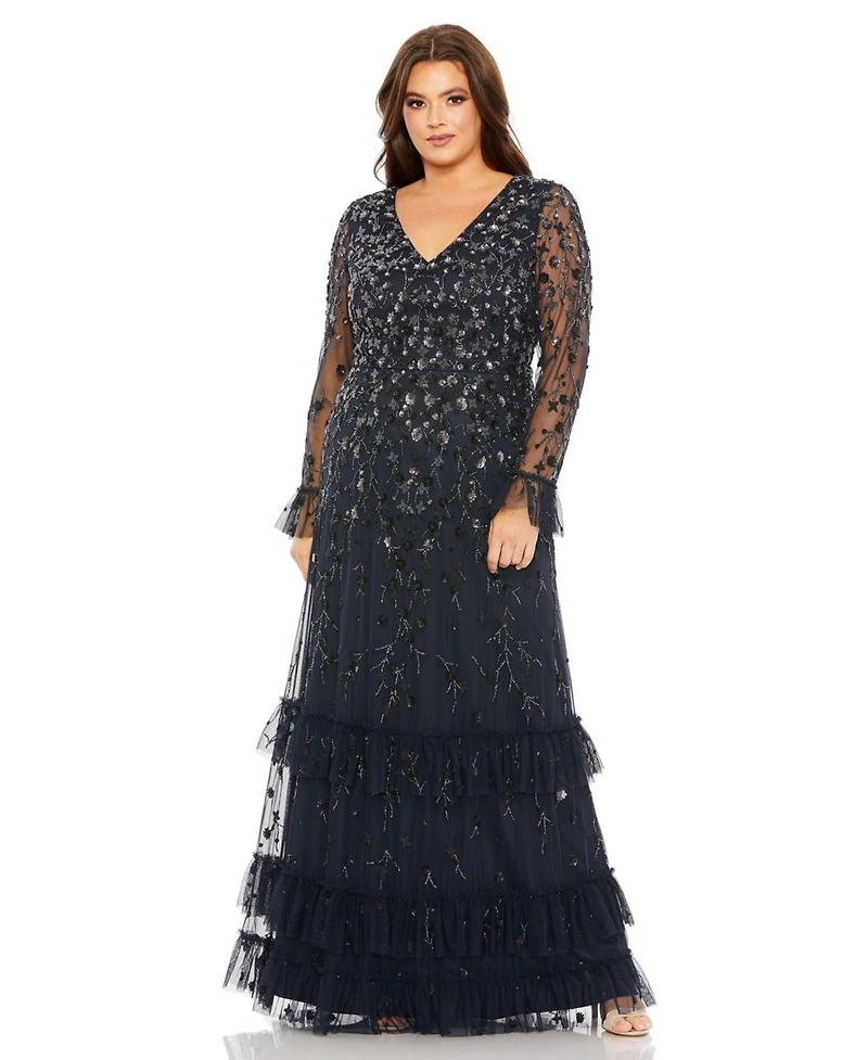 Mac Duggal Women's V-Neck Embellished Long Flutter Sleeve Tired Gown