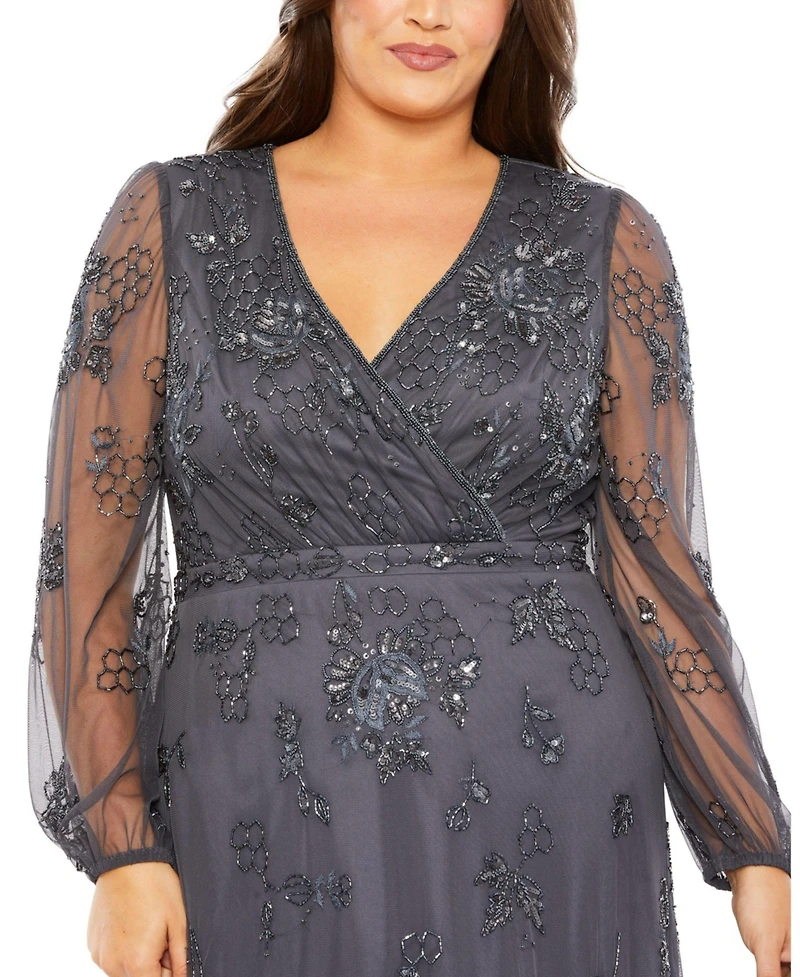 Mac Duggal Women's Puff Sleeve V-Neck Tiered Embellished Gown