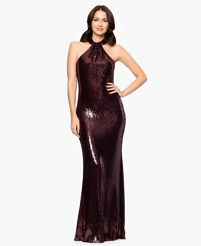 Betsy & Adam Women's Long Sequined Halter Neck Gown