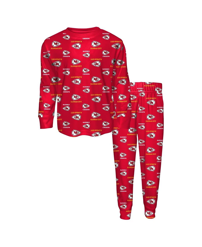 Outerstuff Big Boys and Girls Red Kansas City Chiefs All-Over-Print Long Sleeve T-Shirt Pants Sleep Set