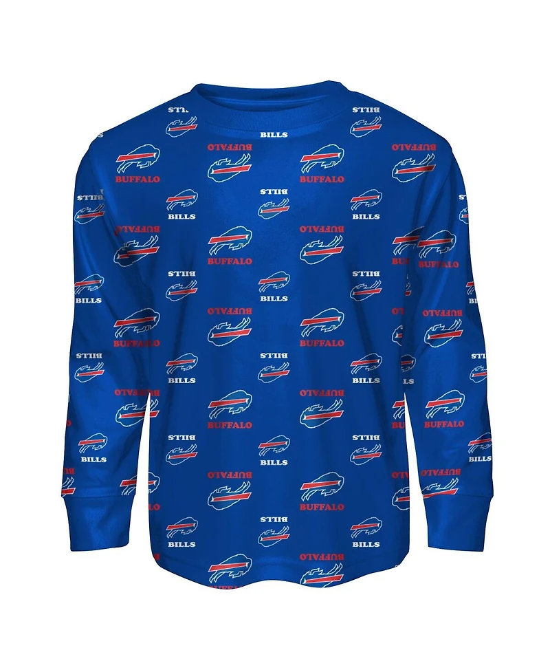 Outerstuff Big Boys and Girls Royal Buffalo Bills All-Over-Print Long Sleeve T-Shirt Pants Sleep Set