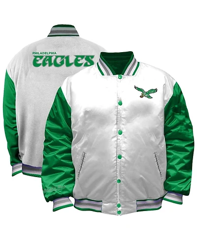 Mitchell Ness Women's White Philadelphia Eagles Throwback Plus Size Full-Snap Satin Jacket