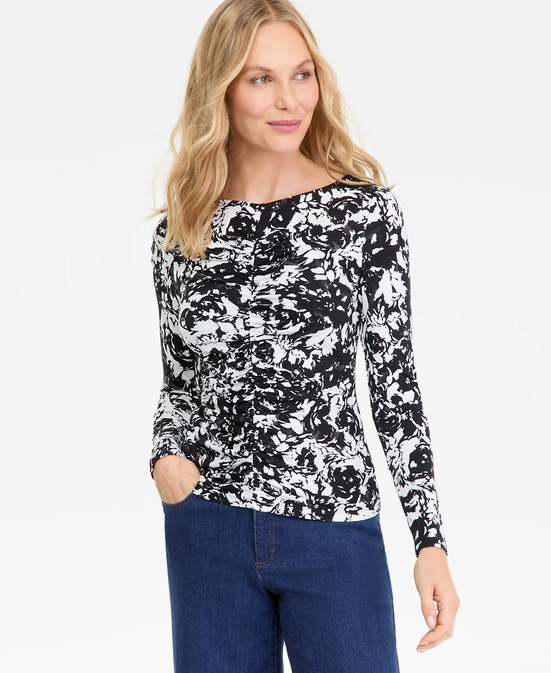 I.n.c. International Concepts Women's Printed Long-Sleeve Shirred-Front Top, Macy's Exclusive