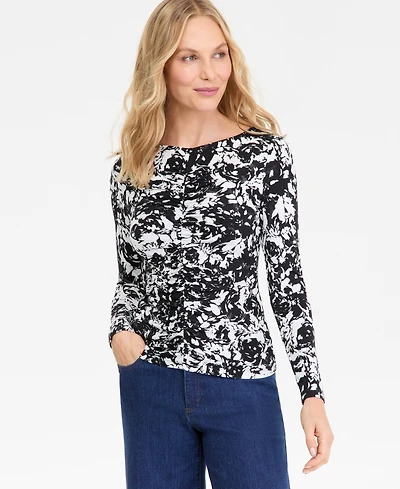 I.n.c. International Concepts Women's Printed Long-Sleeve Shirred-Front Top, Macy's Exclusive