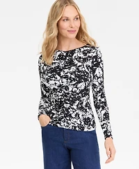 I.n.c. International Concepts Women's Printed Long-Sleeve Shirred-Front Top, Macy's Exclusive