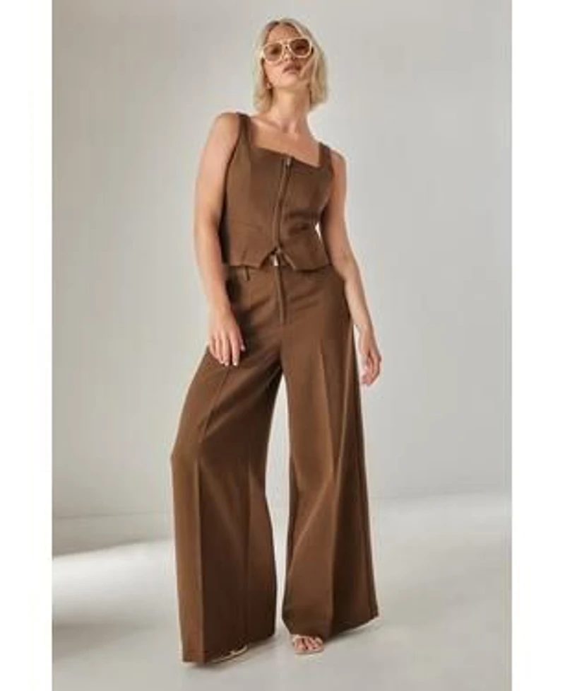 Tailored Zip Front Sleeveless Top Wide Leg Pants Set
