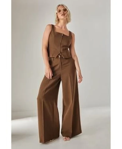 Tailored Zip Front Sleeveless Top Wide Leg Pants Set