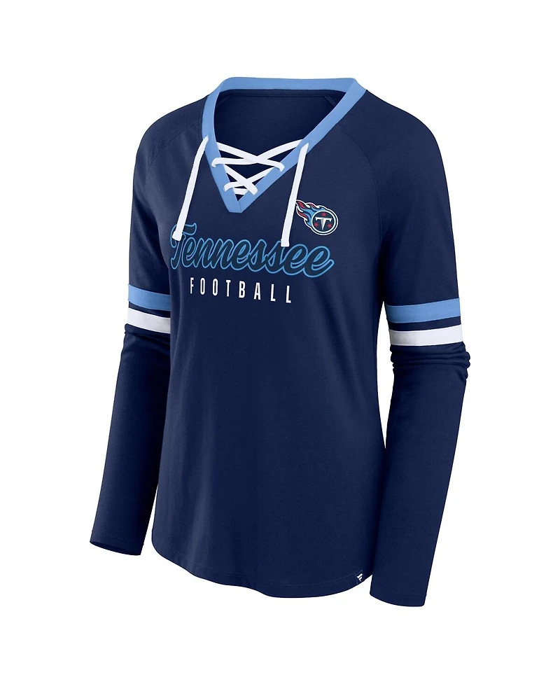 Fanatics Women's Navy Tennessee Titans Won and Done Lace-Up Long Sleeve Fashion Top