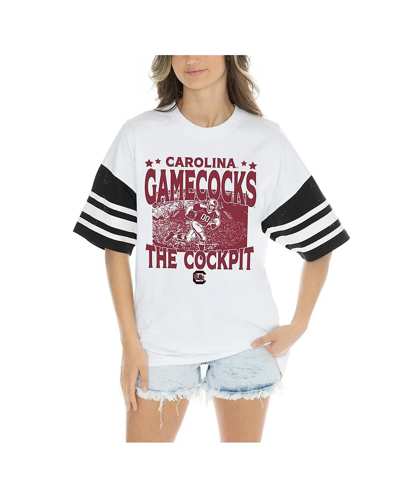 Gameday Couture Women's White South Carolina Gamecocks Crowd Pleaser Contrast Sporty Heritage Stripe Oversized T-Shirt