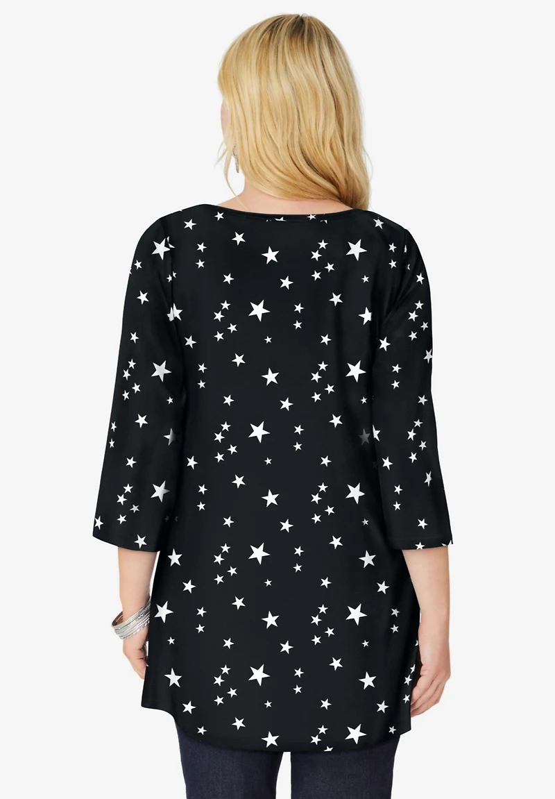 Woman Within Women's Perfect Printed Three-Quarter-Sleeve V-Neck Tunic