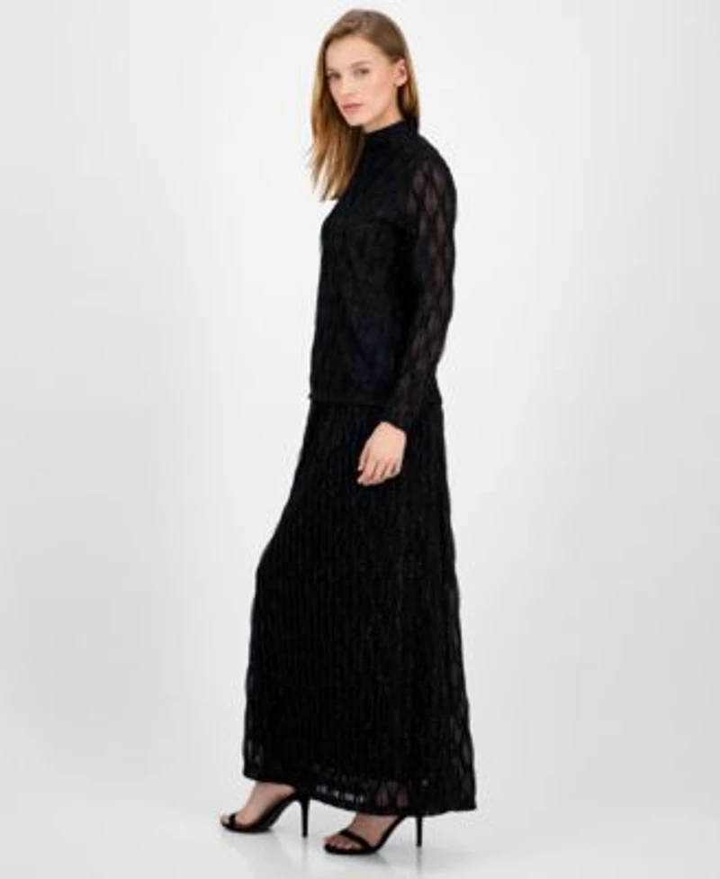 Anne Klein Womens Glitter Long Sleeve Mock Neck Top Glitter Flared Maxi Skirt