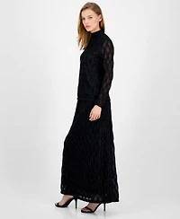 Anne Klein Womens Glitter Long Sleeve Mock Neck Top Glitter Flared Maxi Skirt