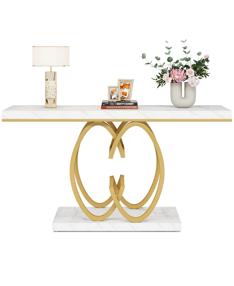 Tribesigns 55 Inch Console Table, Faux Marble Gold Entryway Table with Geometric Metal Base, Modern Narrow Sofa Accent Table (White & Gold)