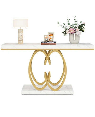 Tribesigns 55 Inch Console Table, Faux Marble Gold Entryway Table with Geometric Metal Base, Modern Narrow Sofa Accent Table (White & Gold)