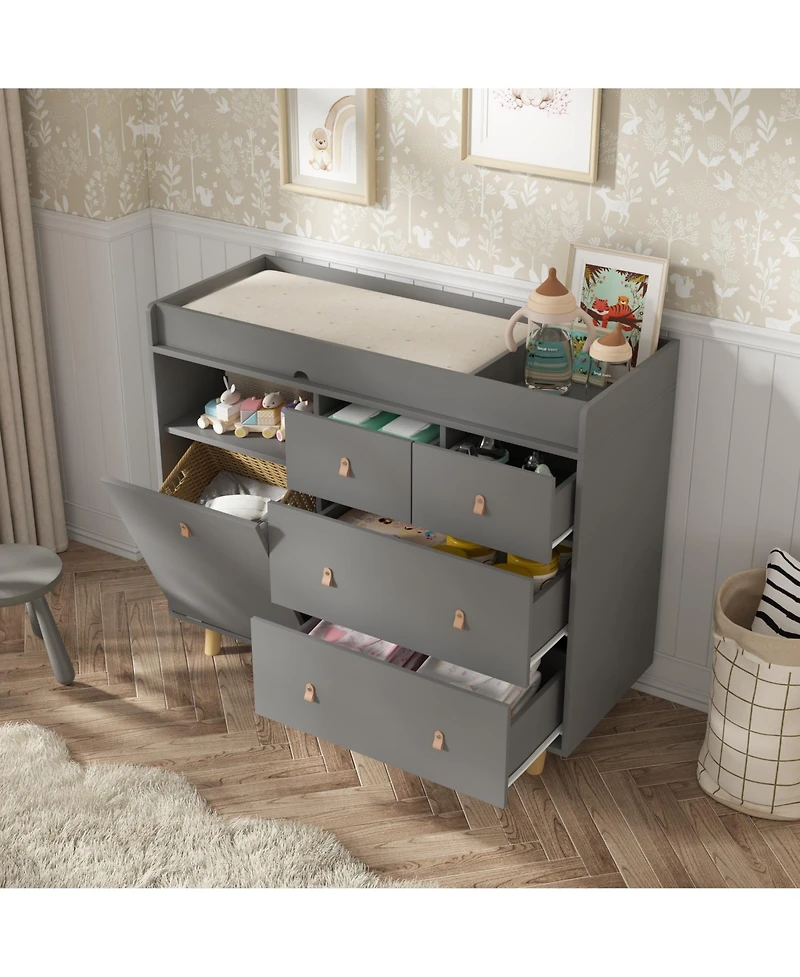Diaper Table with 4 Drawers, Baby Changing Station with Storage Compartments