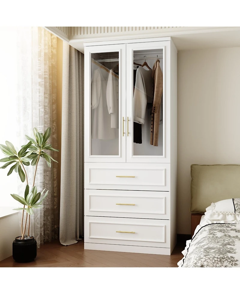 Wardrobe with 2-Door 3-Drawer, with Tempered Glass, Bedroom Closet,Armoire