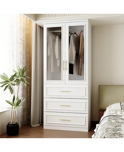 Wardrobe with 2-Door 3-Drawer, with Tempered Glass, Bedroom Closet,Armoire
