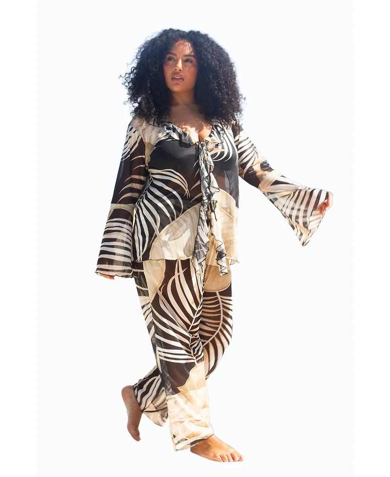 Fashion-szn Curve Tonal Palm Print Ruffle Resort Top