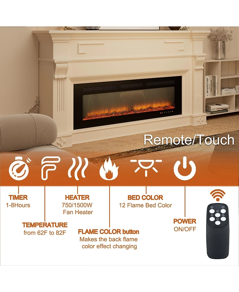 50''Classic Built-in or Wall-Mounted Direct Vent Electric Fireplace