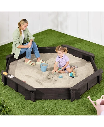 Best Choice Products Kid's Octagonal Wooden Outdoor Sandbox w/ Benches, 8 Seats, Cover, Xl Sandpit, Liner