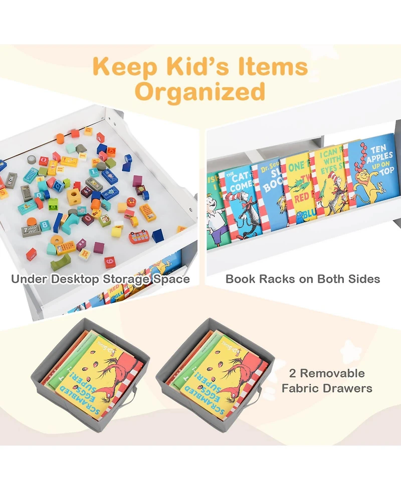 4-in-1 Kids Table & Chair Set Toddler Wooden Activity Table with Side Bookshelves