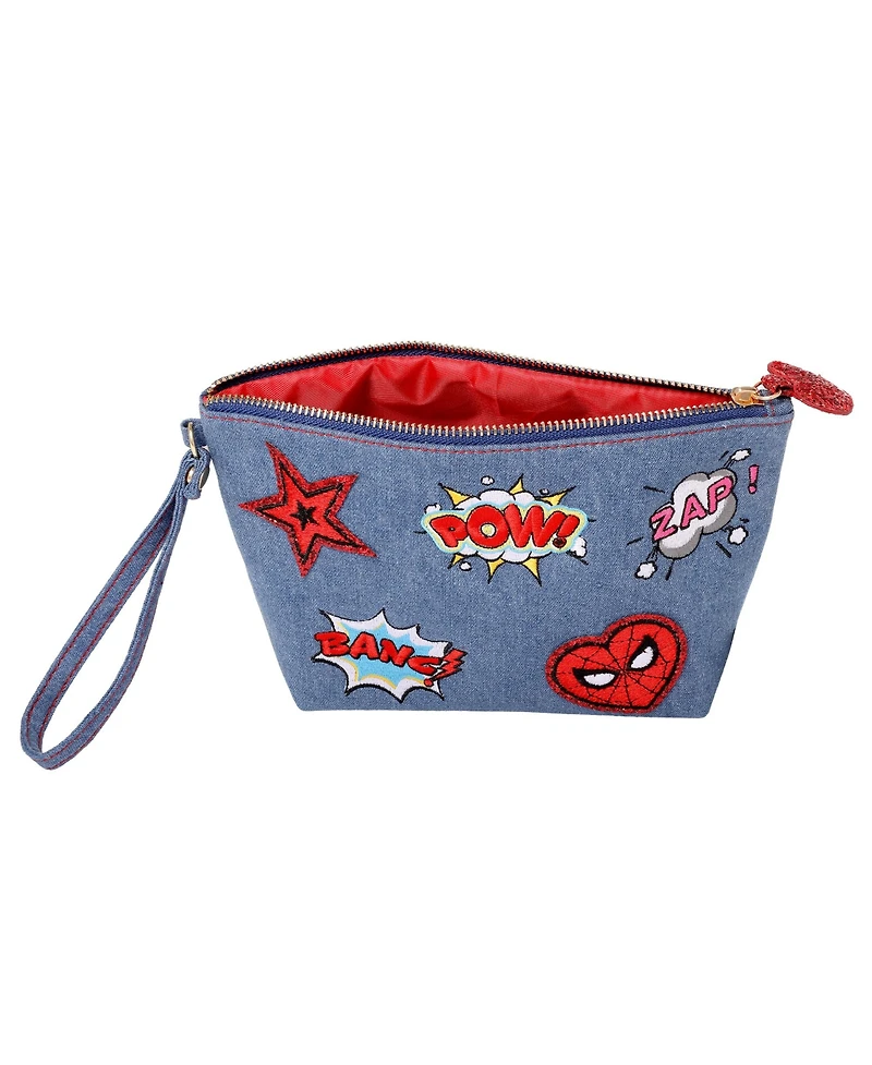 Marvel SpiderMan Denim Patch Cosmetic Pouch with Comic Pop Embellishments