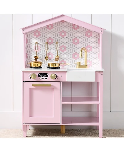 Best Choice Products Pretend Play Wooden Farmhouse Kitchen Set w/ Storage, Clicking Knobs, 5 Accessories