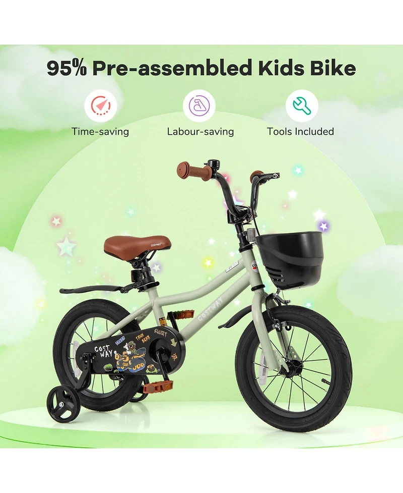 14" Kid s Bike with Training Wheels Adjustable Handlebar & Seat Handbrake