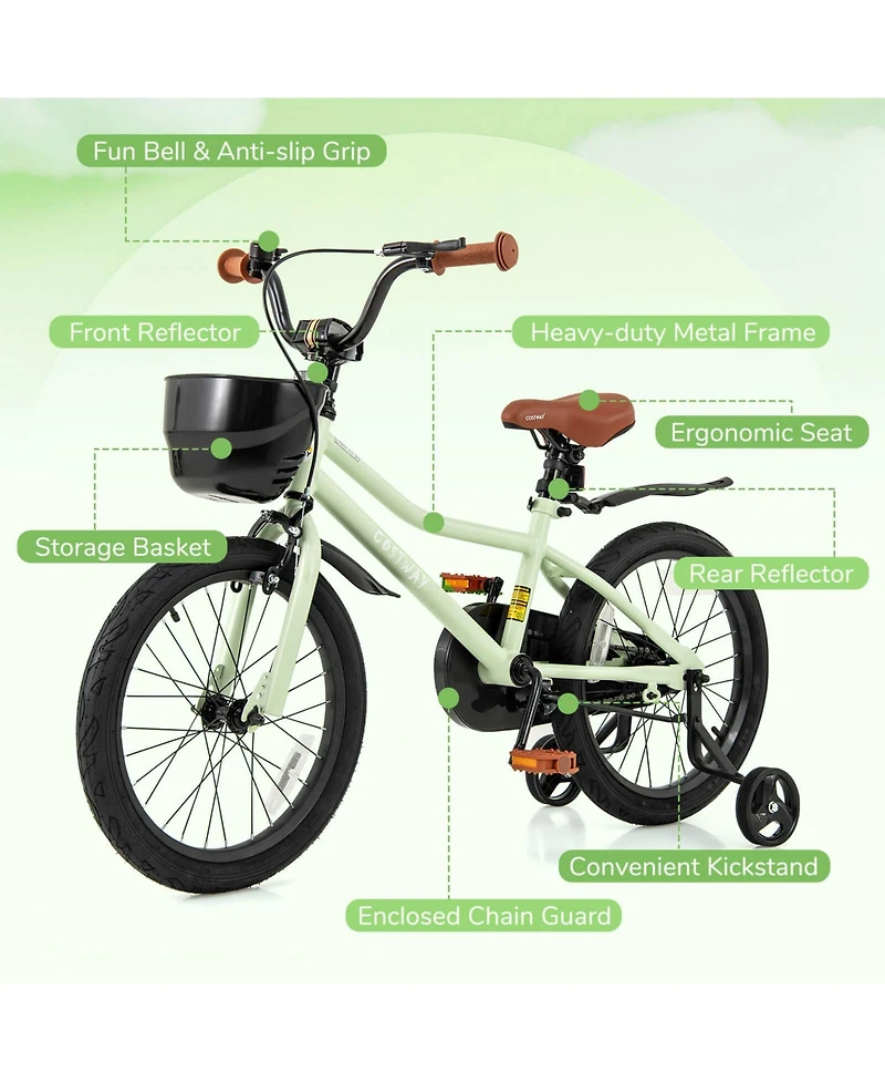 18" Kid s Bike with Training Wheels Adjustable Handlebar & Seat Handbrake