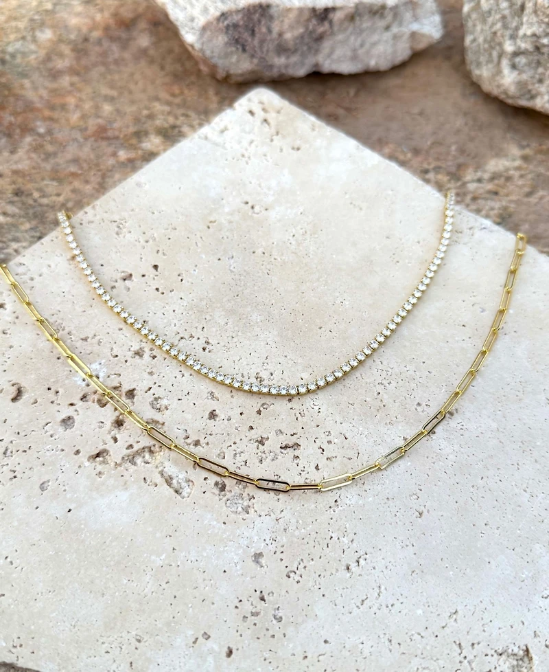 Adornia Gold Tennis and Paperclip Chain Necklace Set