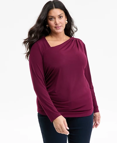 I.n.c. International Concepts Plus Asymmetric-Neck Long-Sleeve Top, Macy's Exclusive