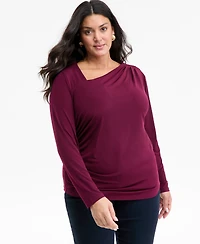 I.n.c. International Concepts Plus Asymmetric-Neck Long-Sleeve Top, Macy's Exclusive