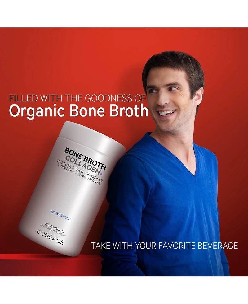 Codeage Organic Bone Broth Collagen Peptides Capsules Supplement, Grass Fed Beef Bone Broth, Free-Range Chicken Bone Broth, Turmeric & Ashwagandha