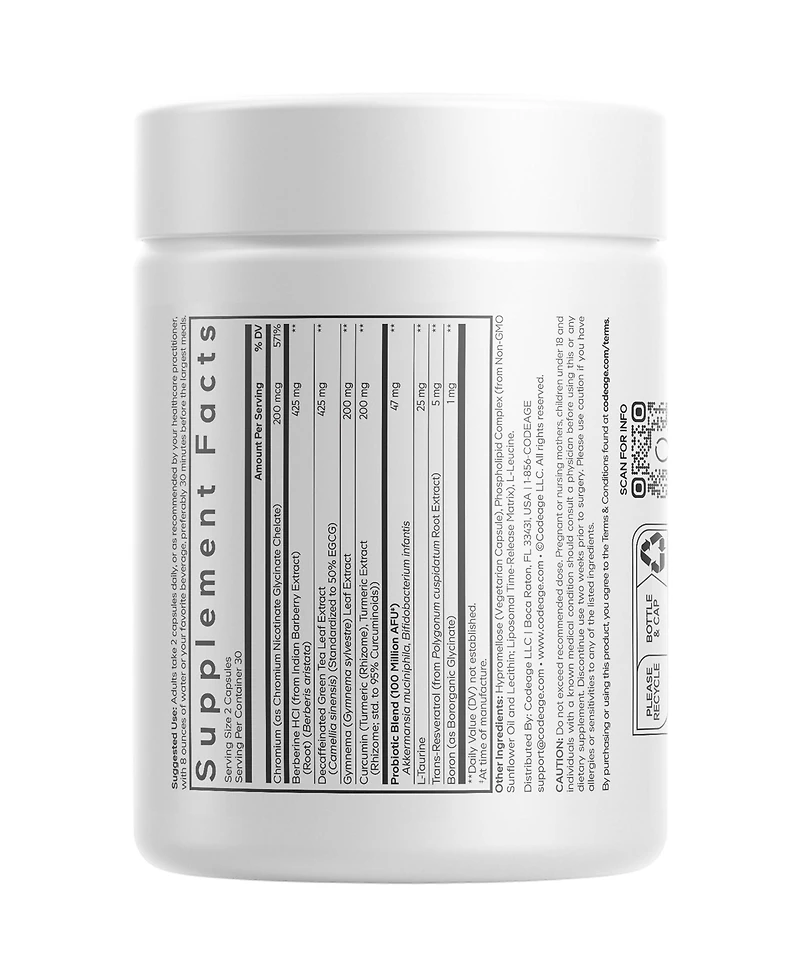 Codeage Glp-Advantage+ Berberine, Boron, Chromium, Decaffeinated Green Tea (50% Egcg), Gymnema Sylvestre, Probiotics, Taurine