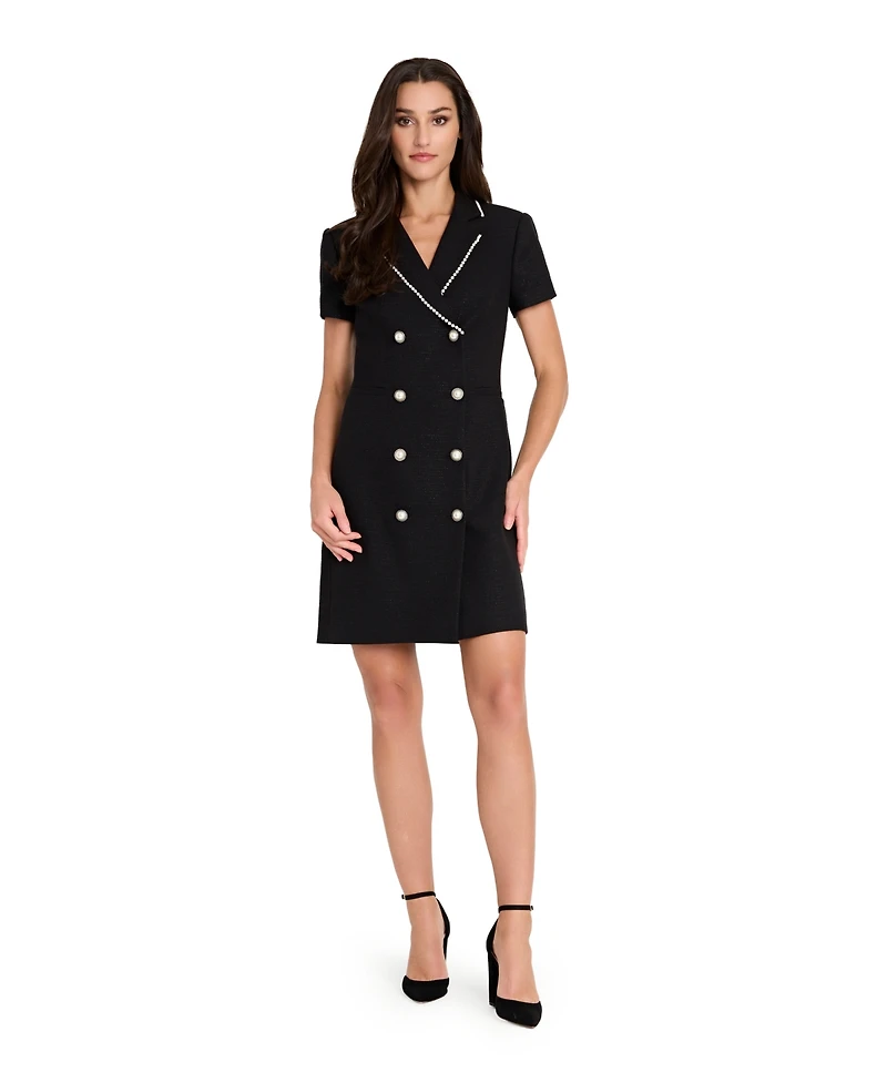 Tahari Asl Women's Imitation Pearl Trim Boucle Coat Dress