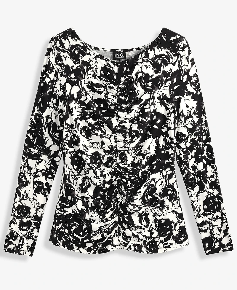 I.n.c. International Concepts Women's Printed Long-Sleeve Shirred-Front Top, Macy's Exclusive