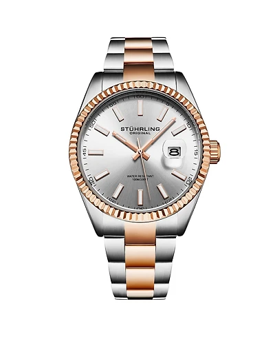 Stuhrling Vanguard 4069 Men s Quartz Watch – 42mm, Silver Dial, Rose Gold-Tone Bezel, Two-Tone Bracelet, Date, 100M Water Resistant
