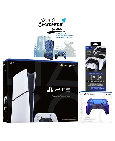 Sony PlayStation 5 Slim Digital PS5 with Extra Chroma Indigo Controller, Dual Charging Dock and MightySkins Voucher Bundle