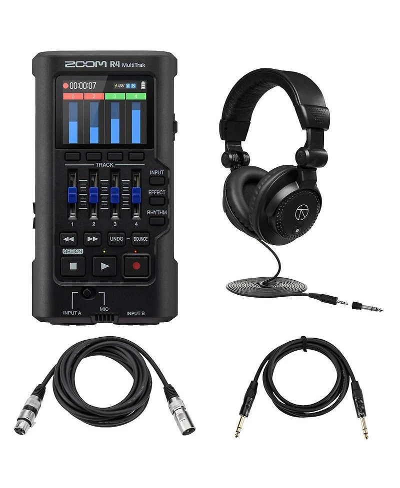 Zoom R4 MultiTrak 32-Bit Float Handheld Recorder Bundle with Studio Monitor Headphonex & Cables