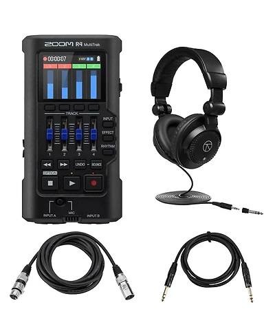 Zoom R4 MultiTrak 32-Bit Float Handheld Recorder Bundle with Studio Monitor Headphonex & Cables