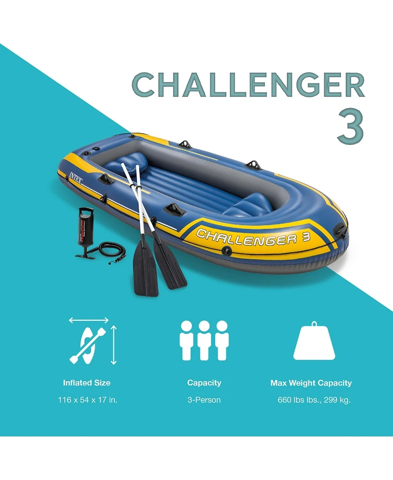 Intex 68370EP Challenger 3 Inflatable Raft Boat Set With Pump And Oars, Blue