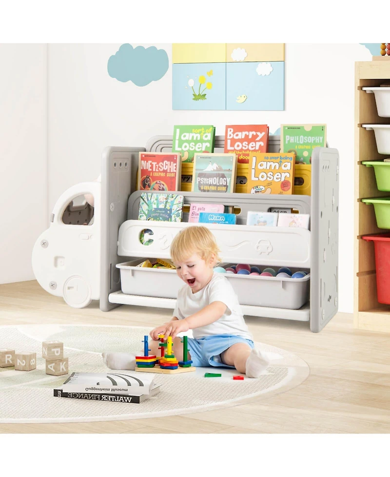 Costway 3-Tier Kids Toy Storage and Bookshelf with 2 Storage Boxes Decorative Car Head