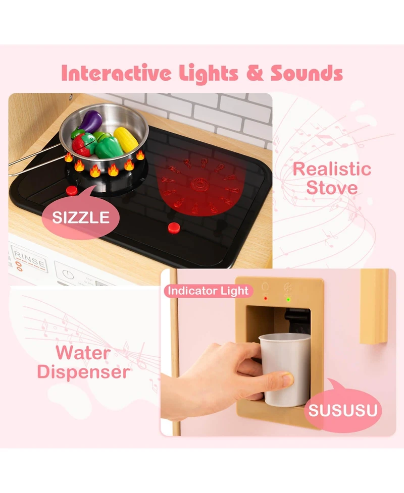 Wooden Kids Kitchen Playset Pretend Play with Real Sounds Lights