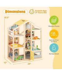Kids Wooden Dollhouse with 7 Rooms 18 Pcs Furniture Accessories 2 Figures