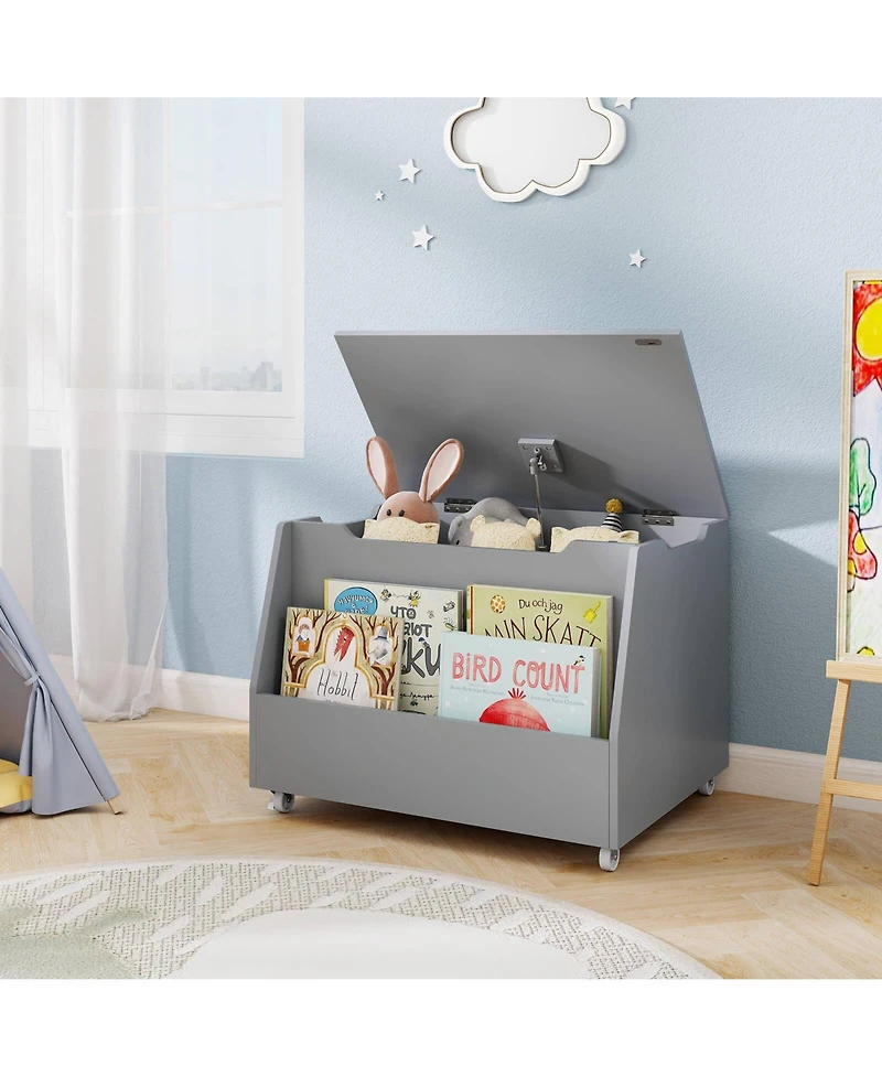 Costway Kids Toy Box Wooden Mobile Storage Organizer with Bookshelf & Lockable Wheels