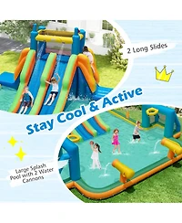 Gymax Inflatable Water Slide w/ 2 Long Slides Pool Climbing Walls 1100 W Blower